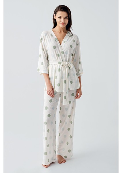 Puantiyeli Uzun Kollu Kimono Esnek Viskoz Pijama Takım