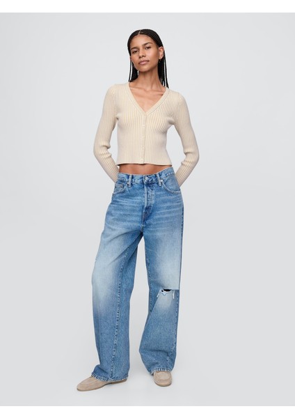 Kadın Bej Pamuklu Örgü Desenli Fitilli Crop Hırka