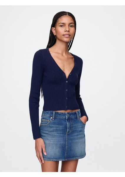 Kadın Lacivert Pamuklu Örgü Desenli Fitilli Crop Hırka