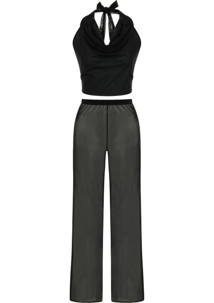 Tül Siyah Crop Top-Pantolon Takım