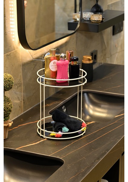Bej Banyo Organizer Kozmetik Takı Parfüm Havlu Düzenleyici Sunum Tepsisi Pleksili -Metal Paslanmaz