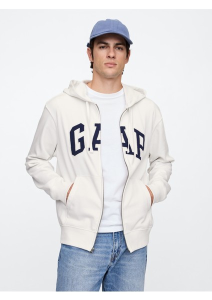 Erkek Beyaz Gap Logo Fermuarlı Fransız Havlu Kumaş Sweatshirt