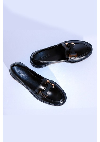 Oxford Kadın Siyah Altın Tokalı Günlük Loafer Makosen Ayakkabı
