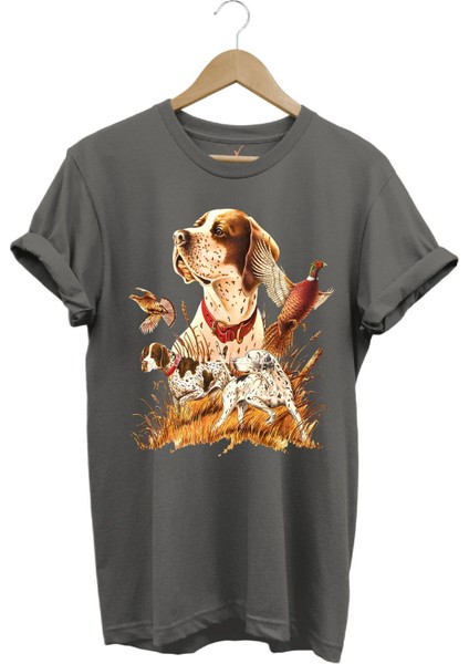 Avcılık Desenli Av Köpeği Ingiliz Pointer Setter Sülün Vahşi Yaşam Baskılı Regular Fit T-Shirt