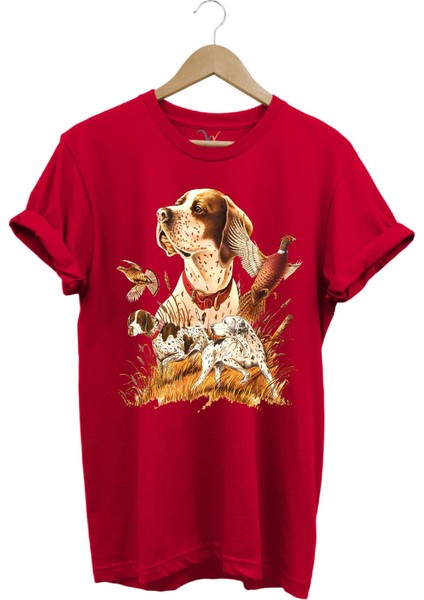 Avcılık Desenli Av Köpeği Ingiliz Pointer Setter Sülün Vahşi Yaşam Baskılı Regular Fit T-Shirt