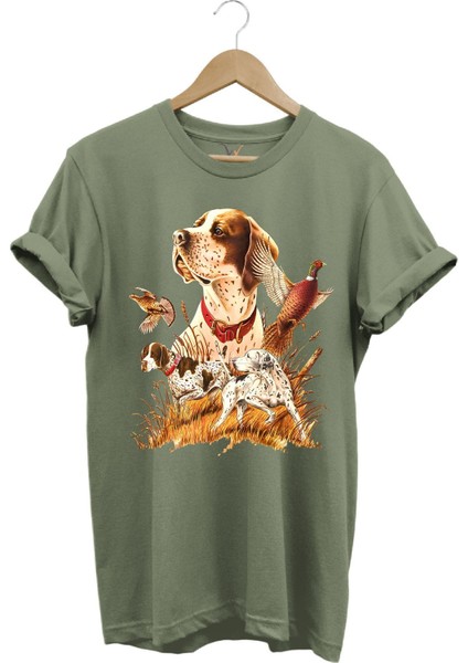 Avcılık Desenli Av Köpeği Ingiliz Pointer Setter Sülün Vahşi Yaşam Baskılı Regular Fit T-Shirt
