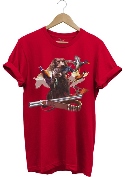 Av Köpeği Avcılık Fişek ve Çulluk Kuşu Baskılı Vahşi Yaşam Doğa Baskılı Regular Fit T-Shirt