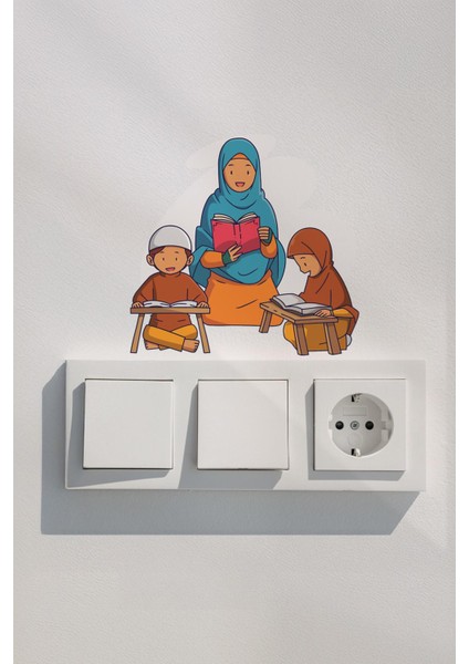 Kuran Okuyan Sevimli Aile Priz Sticker Seti Duvar Cam Sticker Ramazan Süsü Mini Sticker