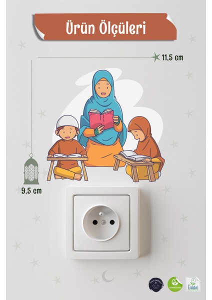 Kuran Okuyan Sevimli Aile Priz Sticker Seti Duvar Cam Sticker Ramazan Süsü Mini Sticker