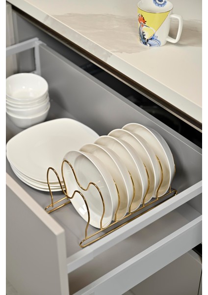 Altın 6 Bölmeli Tava, Tabak ve Tencere Kapak Düzenleyici Raf, Çekmece Içi Organizer - Metal Paslanmaz
