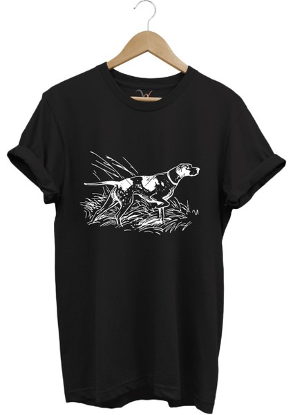 Avcılık Av Desenli Orman Temalı Pointer Av Köpeği Tasarımlı %100 Pamuk Regular Fit T-Shirt