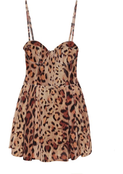 Leopar Desenli Premium Kadife Mini Elbise M