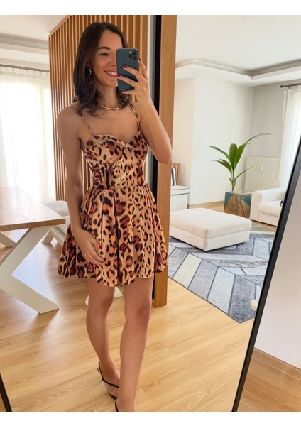Leopar Desenli Premium Kadife Mini Elbise M