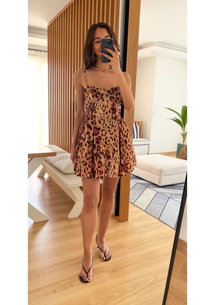 Leopar Desenli Premium Kadife Mini Elbise M