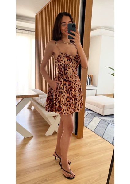 Leopar Desenli Premium Kadife Mini Elbise M