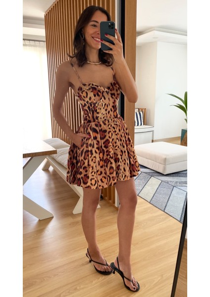 Leopar Desenli Premium Kadife Mini Elbise M