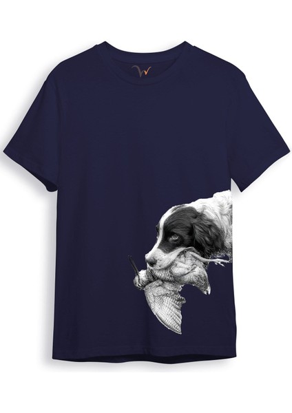 Hunter Avcılık Baskılı Av Köpeği Ağzında Çulluk Yan Detay Bakılı %100 Pamuk Regular Fit T-Shirt