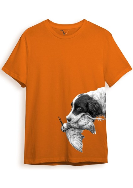Hunter Avcılık Baskılı Av Köpeği Ağzında Çulluk Yan Detay Bakılı %100 Pamuk Regular Fit T-Shirt
