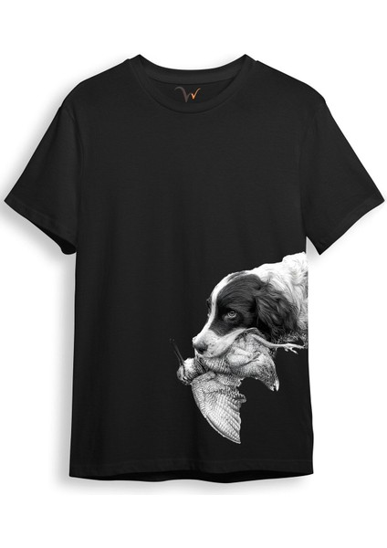 Hunter Avcılık Baskılı Av Köpeği Ağzında Çulluk Yan Detay Bakılı %100 Pamuk Regular Fit T-Shirt