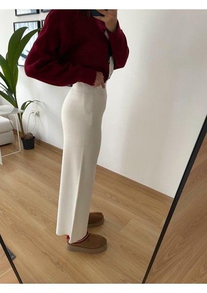 Ekru Bol Paça Triko Pantolon Standart