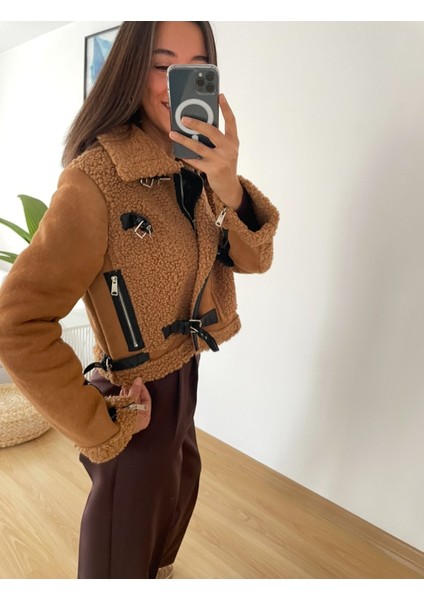 Camel Peluş Detaylı Süet Premium Ceket S