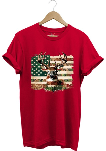 Hunting Avcılık Kamuflaj Geyik Avı Poster Baskılı %100 Pamuk Regular Fit Bisiklet Yaka T-Shirt