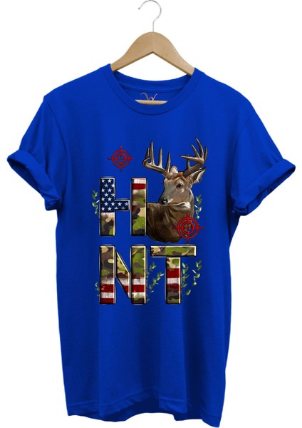 Hunting Avcılık Geyik ve Kamuflaj Hunt Yazı Baskılı %100 Pamuk Regular Fit Bisiklet Yaka T-Shirt