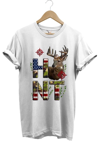 Hunting Avcılık Geyik ve Kamuflaj Hunt Yazı Baskılı %100 Pamuk Regular Fit Bisiklet Yaka T-Shirt