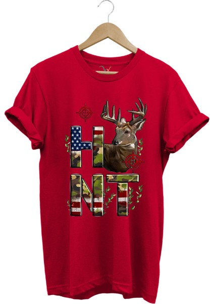 Hunting Avcılık Geyik ve Kamuflaj Hunt Yazı Baskılı %100 Pamuk Regular Fit Bisiklet Yaka T-Shirt