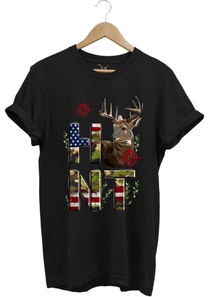 Hunting Avcılık Geyik ve Kamuflaj Hunt Yazı Baskılı %100 Pamuk Regular Fit Bisiklet Yaka T-Shirt