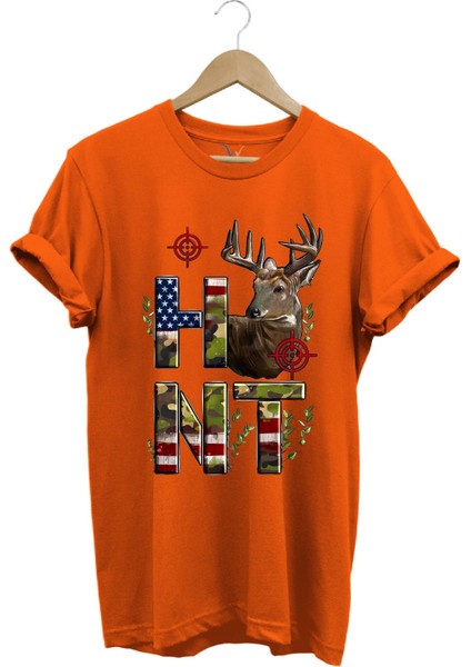 Hunting Avcılık Geyik ve Kamuflaj Hunt Yazı Baskılı %100 Pamuk Regular Fit Bisiklet Yaka T-Shirt