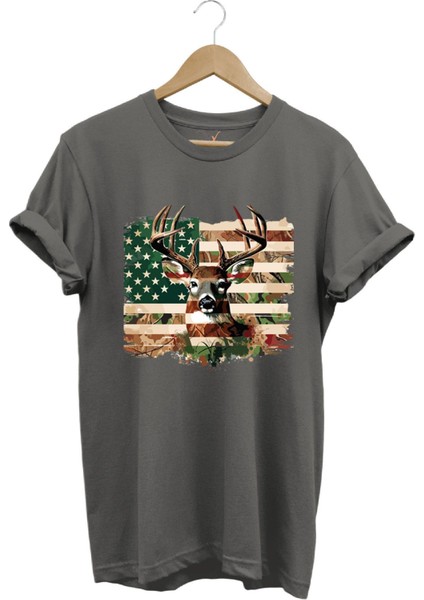 Hunting Avcılık Kamuflaj Geyik Avı Poster Baskılı %100 Pamuk Regular Fit Bisiklet Yaka T-Shirt