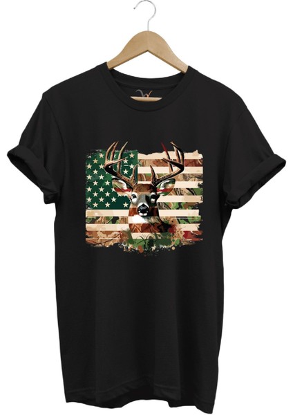 Hunting Avcılık Kamuflaj Geyik Avı Poster Baskılı %100 Pamuk Regular Fit Bisiklet Yaka T-Shirt