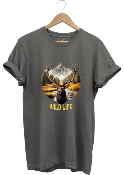 Avcılık Wild Life Vahşi Yaşam Geyik Baskılı %100 Pamuk T-Shirt