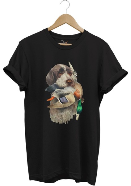 Avcılık Hunter Av Köpeği Ağzında Çulluk Kuşu Baskılı Çulluk Avı Regular Fit %100 Pamuk T-Shirt