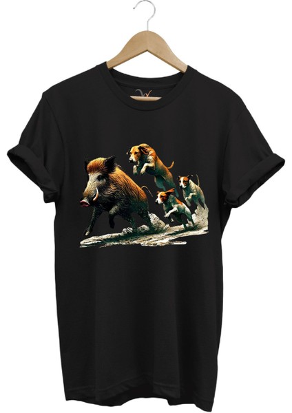 Avcılık Hunter Domuz Avı ve Av Köpekleri Baskılı Regular Fit %100 Pamuk T-Shirt
