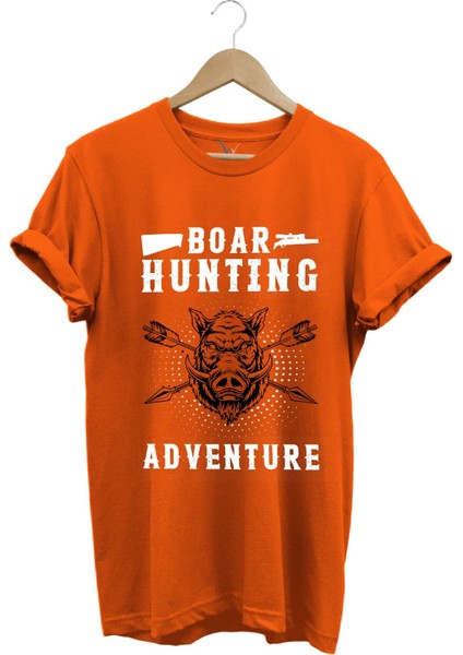 Domuz Avcılığı Baskılı Hunter Avcılık Temalı %100 Pamuk Regular Fit T-Shirt