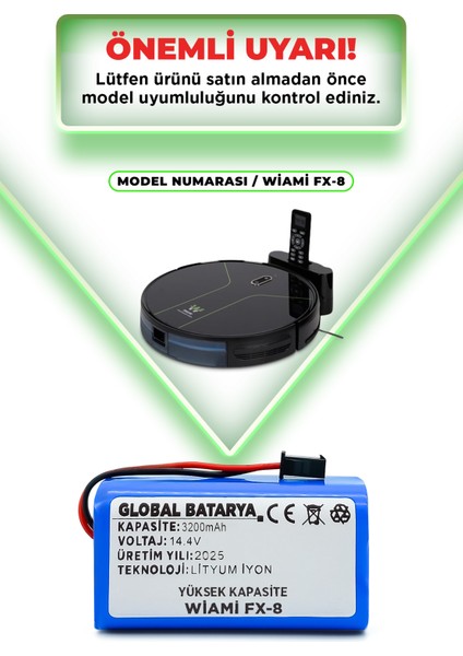 Wiami Fx8 Uyumlu Akıllı Robot Süpürge Bataryası 14.4V 3200mAh Pil Li-ion (Yüksek Kapasite)