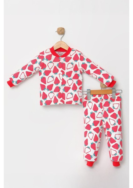 Çilek Baskılı Kız Çocuk Pamuklu Pijama takımı - Kırmızı