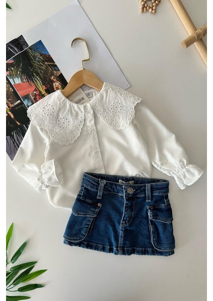 Brode Yaka Detaylı Gömlekli Kız Çocuk Kot etekli takım - Beyaz