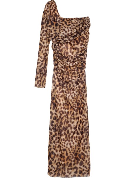Leopar Desenli Midi Elbise L