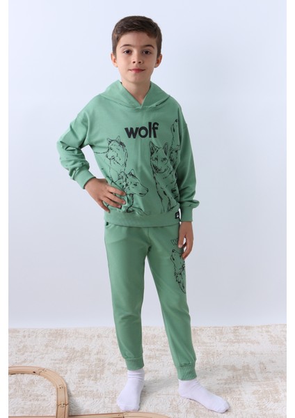 Erkek Çocuk Kapşonlu Eşofman Takımı 4 Mevsim Wolf Baskılı Ribanalı F12