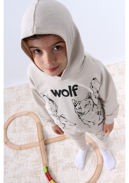 Erkek Çocuk Kapşonlu Eşofman Takımı 4 Mevsim Wolf Baskılı Ribanalı F12
