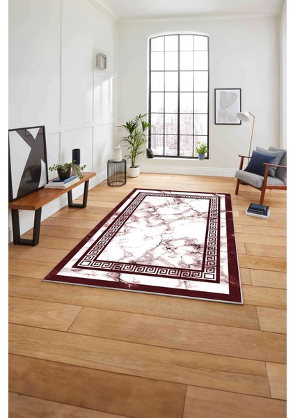 Baskılı Mermer Vektörel Desen Kaymaz Yıkanabilir Yolluk Mutfak Salon Halısı, Mermer-45-Bordo,