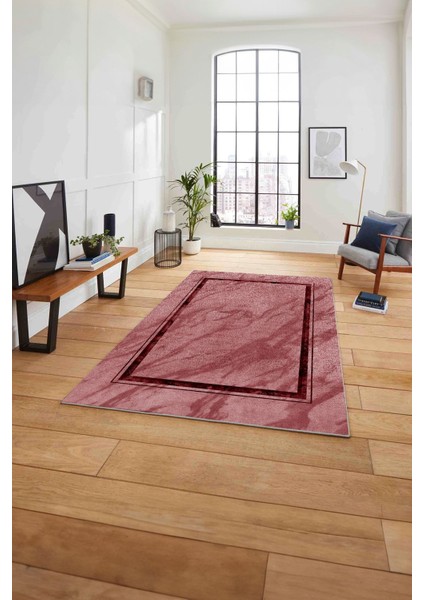 Baskılı Mermer Klasik Çerçeve Model Kaymaz Yıkanabilir Yolluk Mutfak Salon Halısı, Mermer-76-Bordo,