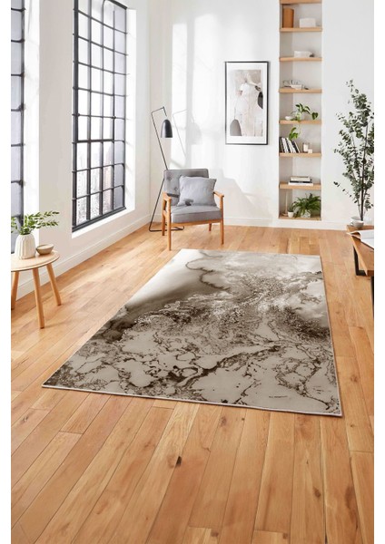 Dijital Baskılı Mermer Motifli Kaymaz Yıkanabilir Yolluk Mutfak Salon Halısı, Mermer-75-Kahve,