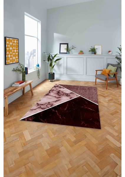 Baskılı Mermer Zeminli Kaymaz Yıkanabilir Yolluk Mutfak Salon Halısı, Mermer-57-Bordo,