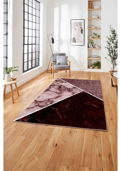 Baskılı Mermer Zeminli Kaymaz Yıkanabilir Yolluk Mutfak Salon Halısı, Mermer-57-Bordo,