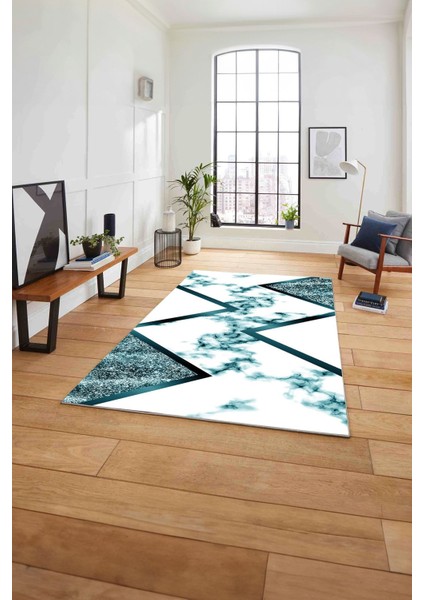 Baskılı Mermer Çapraz Çizgi Detay Kaymaz Yıkanabilir Yolluk Mutfak Salon Halısı, Mermer-32-Turkuaz,