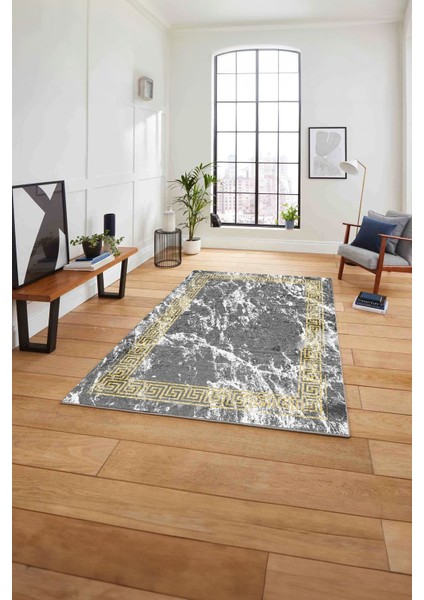 Baskılı Mermer Klasik Modern Kaymaz Yıkanabilir Yolluk Mutfak Salon Halısı, Mermer-80-Gold,